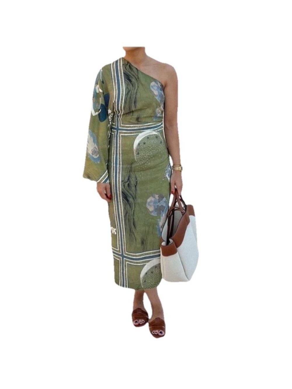 Zara ZW Collection Linen Blend One Shoulder Maxi Dress Green Large Chic NWT